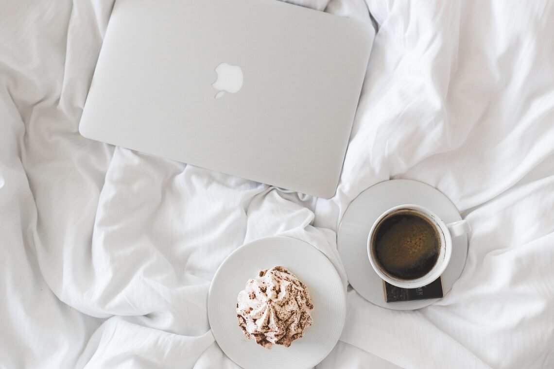 coffee, cup, macbook, laptop, working, breakfast, bed, bedroom, morning, computer, coffee cup, break, white, home, clean, lifestyle, minimal